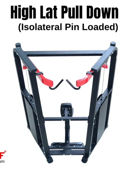 An overhead view of our High Lat Pulldown machine. The isolateral, pin-loaded design allows for independent arm movement to ensure balanced back development.