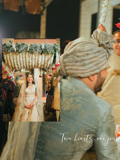 A creative collage from a nighttime wedding, showing the bride's entrance and the groom's emotional reaction.