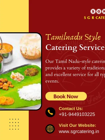 Our Tamil Nadu style catering service provides a variety of traditional flavors for all types of events. This image highlights a meal being served on a banana leaf, featuring rice and several side dishes.