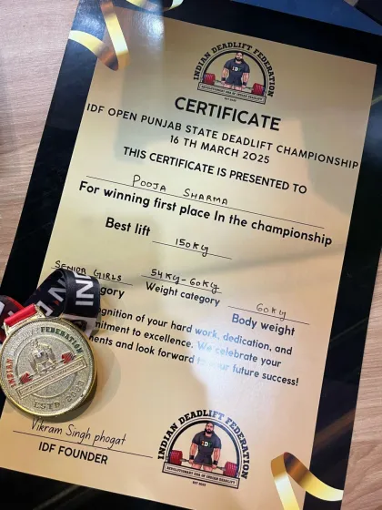 The proof is in the results. Securing first place with a 150kg best lift at the IDF Open Punjab State Deadlift Championship. This certificate and medal represent the dedication and hard work that I expect from myself and my team.