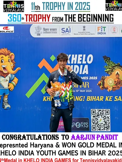 We build champions at every level. Here is our trainee Aarjun Pandit after winning the Gold Medal for Haryana at the Khelo India Youth Games, a crucial milestone on the path to international and college tennis.