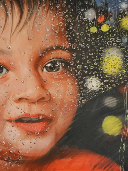 This custom portrait, 'Dewdrops', is an exercise in photorealism. My goal was to capture not just the child's likeness and innocent expression, but also the complex play of light and reflection in the water droplets on the glass, creating a sense of depth and emotion.