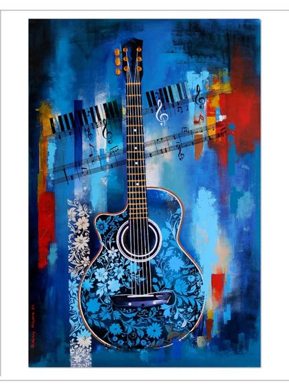 The final version of the commissioned abstract guitar painting. The bold blues and reds create a dynamic energy, perfect for a space dedicated to music.