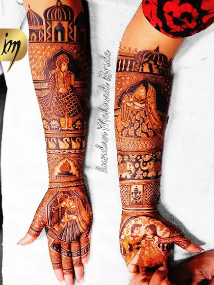 This design combines multiple storytelling elements. The palms show two different romantic couple portraits, while the forearms depict the groom and a bride in her doli, telling the story of their union from different perspectives.