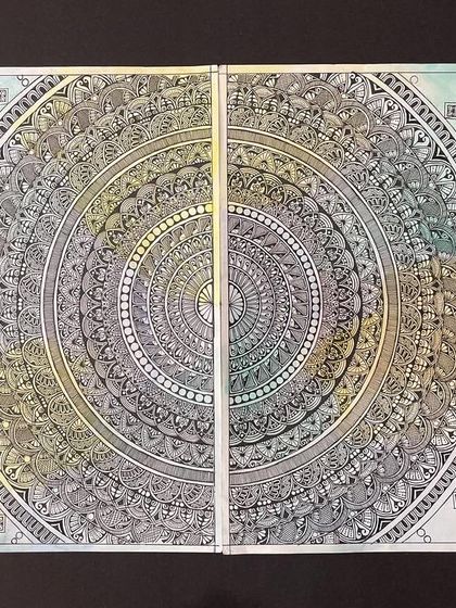 An intricate A2 size Mandala created by one of our students. We guide students through the meditative process of drawing these complex and beautiful geometric designs.