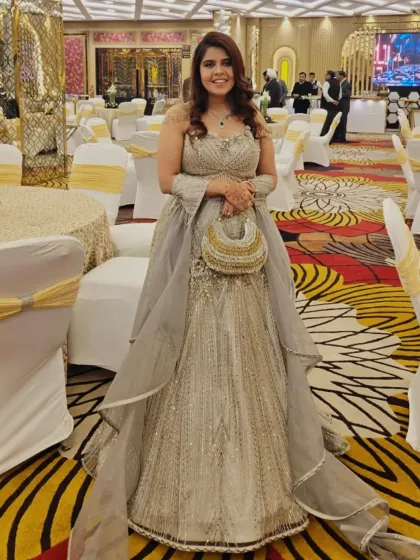 This is what it's all about. A radiant client looking absolutely stunning at her engagement in a custom-designed, fully embroidered gown, turning her vision into a beautiful reality.