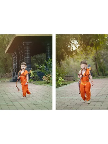 A diptych showing two different angles of the young boy as Lord Ram, capturing his journey through the park during his themed photoshoot.