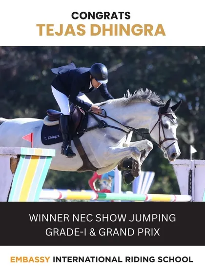 Celebrating top-tier achievements is central to our ethos. This graphic honors one of my riders winning the NEC Show Jumping Grade I and Grand Prix, a testament to the high-caliber coaching and dedication we cultivate.