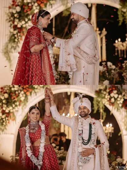 The joyful Varmala exchange between Kajal and Anurag, their happiness evident as they celebrate their union.