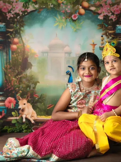 Capturing the sweet bond between siblings, dressed as the divine pair Radha and Krishna. This setup is perfect for creating a memorable photo for Janmashtami.