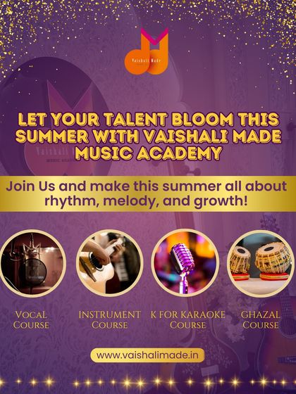 Let your talent bloom this summer with our special courses. This graphic announces our summer programs, including vocal, instrument, karaoke, and ghazal courses, inviting you to join us for a season of growth.
