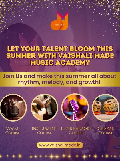 Let your talent bloom this summer with our special courses. This graphic announces our summer programs, including vocal, instrument, karaoke, and ghazal courses, inviting you to join us for a season of growth.