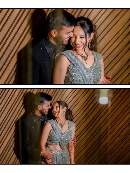 A diptych capturing the sparkling chemistry of this couple during their evening event. Dressed in glamorous traditional wear, they truly look like a "Rab ne bana di Jodi."