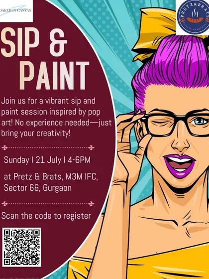 A vibrant, comic-style poster for our Pop Art sip and paint session, encouraging everyone to join in, with no experience needed.