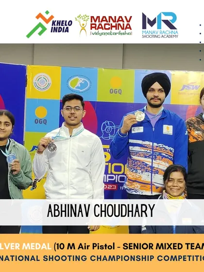 Our athletes excel across age categories. Abhinav Choudhary and his partner on the podium after winning the Silver Medal in the 10m Air Pistol Senior Mixed Team event, demonstrating his ability to compete at the highest level.