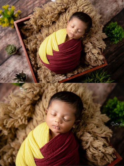 A collage showing a baby wrapped in a bold yellow and maroon color combination, demonstrating creative use of color blocking.