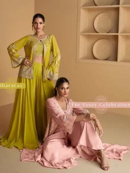 I design sharara sets that are made to make a statement. These outfits, with their flowing silhouettes and detailed jackets, are perfect for any celebration where you want to stand out and feel effortlessly glamorous.