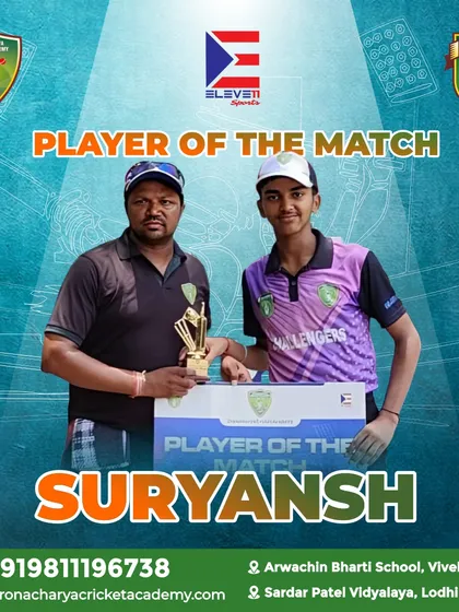 Congratulations to Suryansh for being named Player of the Match. We celebrate every achievement, recognizing the hard work that goes into each stellar performance.
