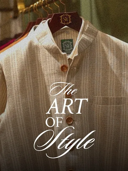The art of style is in the details. A close-up of a striped Nehru jacket, highlighting the fabric weave, button choice, and our signature label.