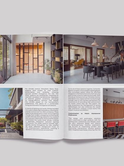 Another spread from the Smart Home World feature, showcasing the dining area, bar, and outdoor spaces. The text details the home's climate control, lighting, and audio systems.