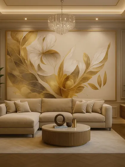 A soft and elegant floral wallpaper with abstract gold and white leaves. The design is framed with a classic gold border, adding a touch of formal luxury.