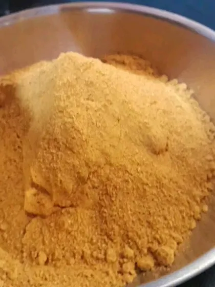 My signature homemade sambar powder, freshly ground and ready to be packed. I use a traditional recipe with roasted lentils and whole spices, which gives it a rich aroma and taste you won't find in store-bought powders.