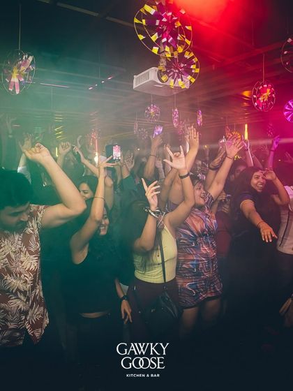 The crowd at Gawky Goose with their hands in the air, a classic sign of a great party.