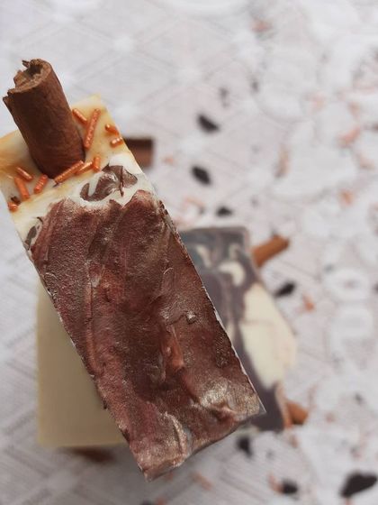 A close-up of my Hot Cinnamon Cocoa soap. This seasonal favorite is a warm and spicy treat, perfect for cozying up during the colder months.