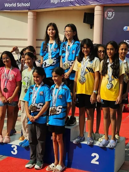 The podium for a relay event at the ISSO North India Swimming Competition. My swimmer, Yuvika Sharma, not only won her individual events but also contributed to her school team's medal win.