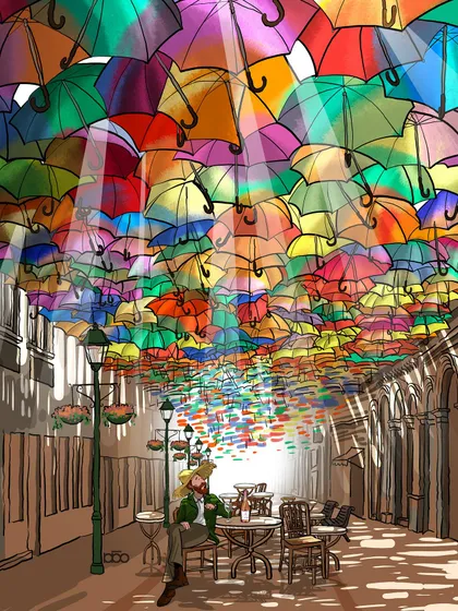Vincent finds a moment of peace under a canopy of colorful umbrellas. The letter reminds us that when the world feels bleak, we can always find color and hope by simply looking up.