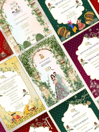 A flat lay showcasing the full printed invitation suite for Nirali and Rohan. Each card is designed with a unique illustration to represent the different ceremonies, from the Sangeet to the Wedding, creating a beautiful and cohesive set.