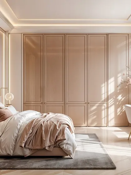 Natural light streams into this serene bedroom, highlighting the herringbone wood floor and the soft, blush-toned furnishings.