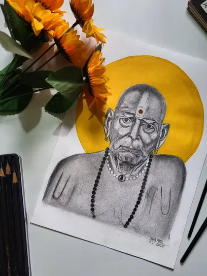 Another view of my Swami Samarth portrait, showing how the piece looks from a different angle. The combination of monochrome sketching and the vibrant gold background makes it a powerful piece for any space.