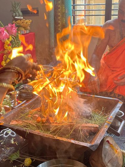 The intensity of the sacred fire. This fire represents the tapas, the spiritual heat, that is necessary to burn away our karmas and purify our consciousness.