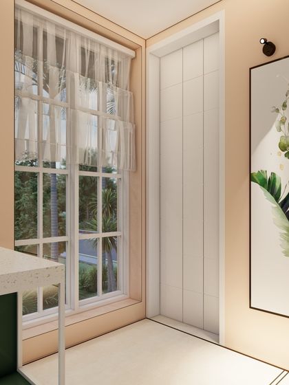 A detail of the bathroom's connection to the outdoors, with a large window dressed in sheer curtains. The framed botanical art on the wall echoes the greenery outside.