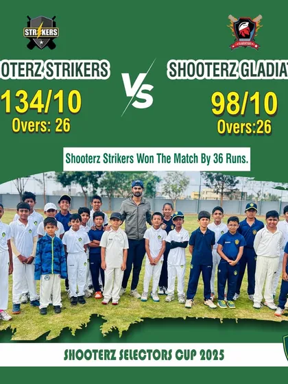 The victorious Shooterz Strikers cricket team posing after their win in the Shooterz Selectors Cup 2025. This graphic combines the final score with a team celebration.