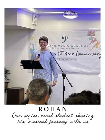 Our senior vocal student Rohan sharing his musical journey during our anniversary event. Student testimonials are the heart of our community.