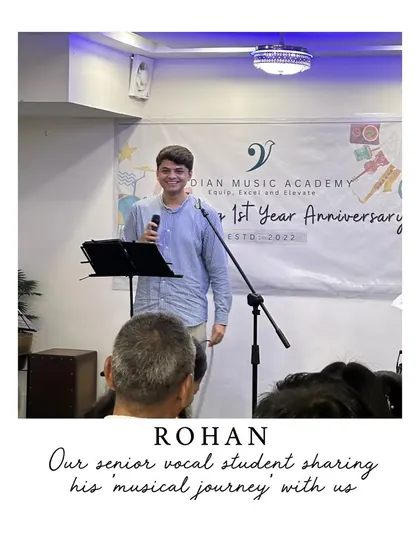 Our senior vocal student Rohan sharing his musical journey. Student testimonials and stories are a powerful part of our community events.