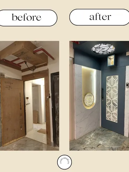 The transformation of an entryway, showing how a standard door can be upgraded to a stylish safety door with custom panels and lighting.