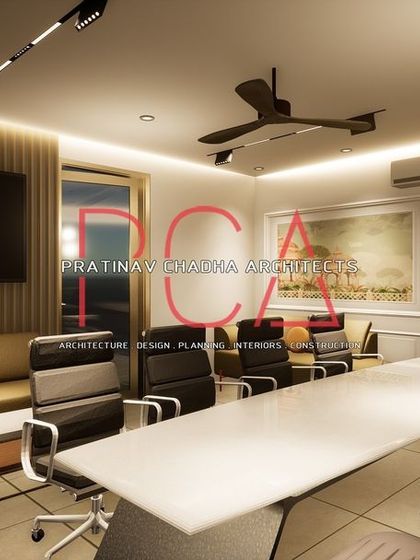 A render of the main conference room, showcasing the blend of traditional art and modern office furniture.