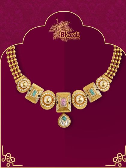 This stunning fusion necklace showcases exquisite Bikaner Meenakari work with new pastel stone fittings. The timeless shape makes it the ideal accessory to elevate any outfit with a touch of Rajasthani elegance.