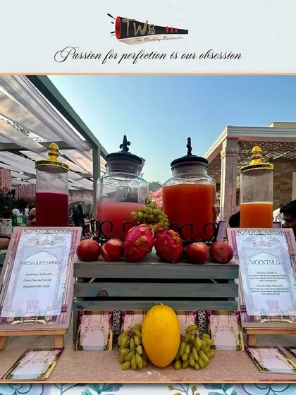 A fresh fruit and juice station, offering healthy and delicious options like Coconut Pineapple and various flavored ice teas.