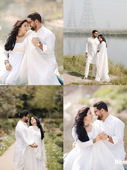 This collage captures the couple's connection by the water and in the gardens. The coordinated white outfits create a serene and pure aesthetic for their nature-filled pre-wedding shoot.