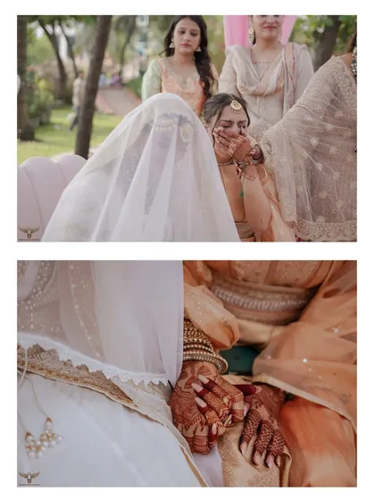 A moment of overwhelming emotion. This collage captures the bride's tears of joy and the comforting hand of a loved one during her Nikaah ceremony.