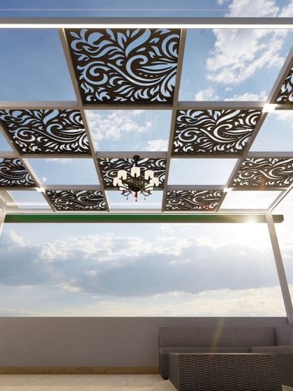 A stunning 3D render of a terrace at sunset, featuring a glass pergola with intricate CNC panel inserts. This visualization captures the magical ambiance that can be created with thoughtful design and lighting.