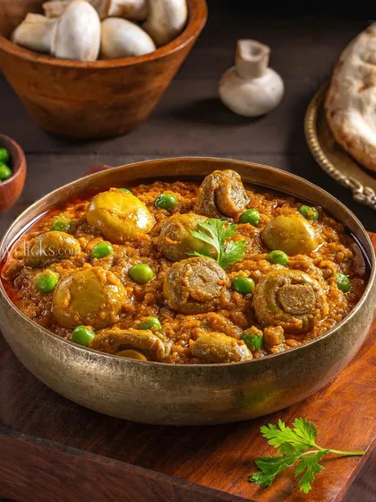 Mushroom Matar Masala, a vegetarian delight from The Mughal House. The image showcases the fresh peas and earthy mushrooms in a thick, spiced gravy.