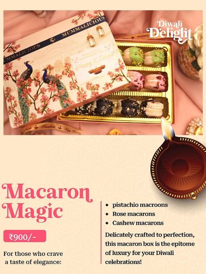 For a touch of elegance this Diwali, my Macaron Magic box is the perfect choice. It features delicate pistachio, rose, and cashew macarons in a beautifully designed festive box.