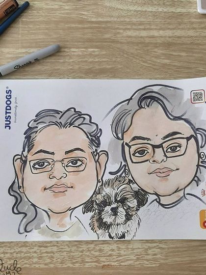 A double portrait with a furry friend included! This caricature was a fun way to capture a memory for these two guests and their pet.