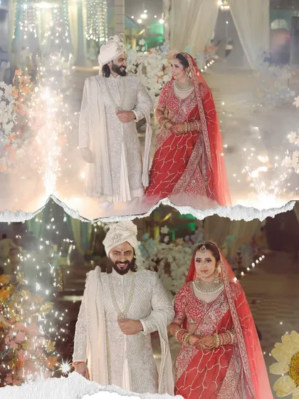 A creative collage showing the couple's grand entrance with sparklers. The torn-paper effect adds an artistic touch to this celebratory moment.
