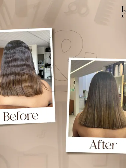 This before and after image clearly shows the power of a Botox treatment. The initial wavy, slightly frizzy texture is transformed into a sleek, straight, and polished look, showcasing a complete hair texture refinement.